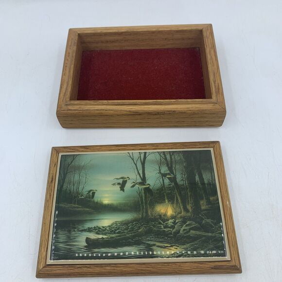 Vtg Wooden Trinket Jewelry Box Terry Redlin Evening Glow Camping Canadian Geese - Picture 3 of 8